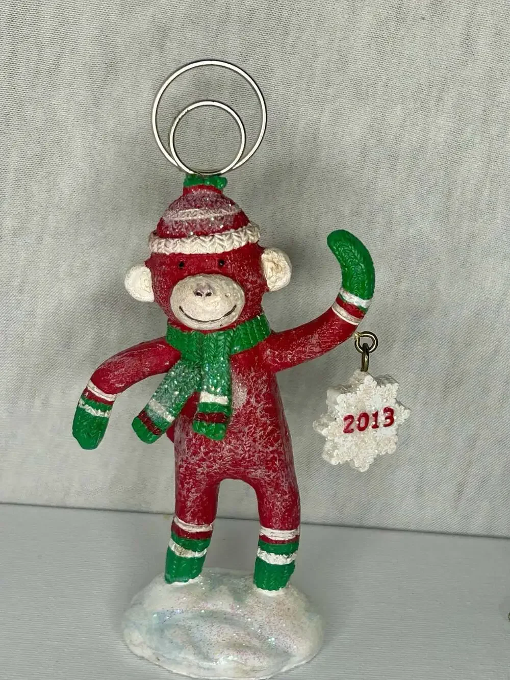 Cracker Barrel Sock Monkey 2013 Christmas Place Card Holder Ornament